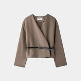 Taupe-brown light duster jacket with wrap V-neck and waist belt, long sleeves