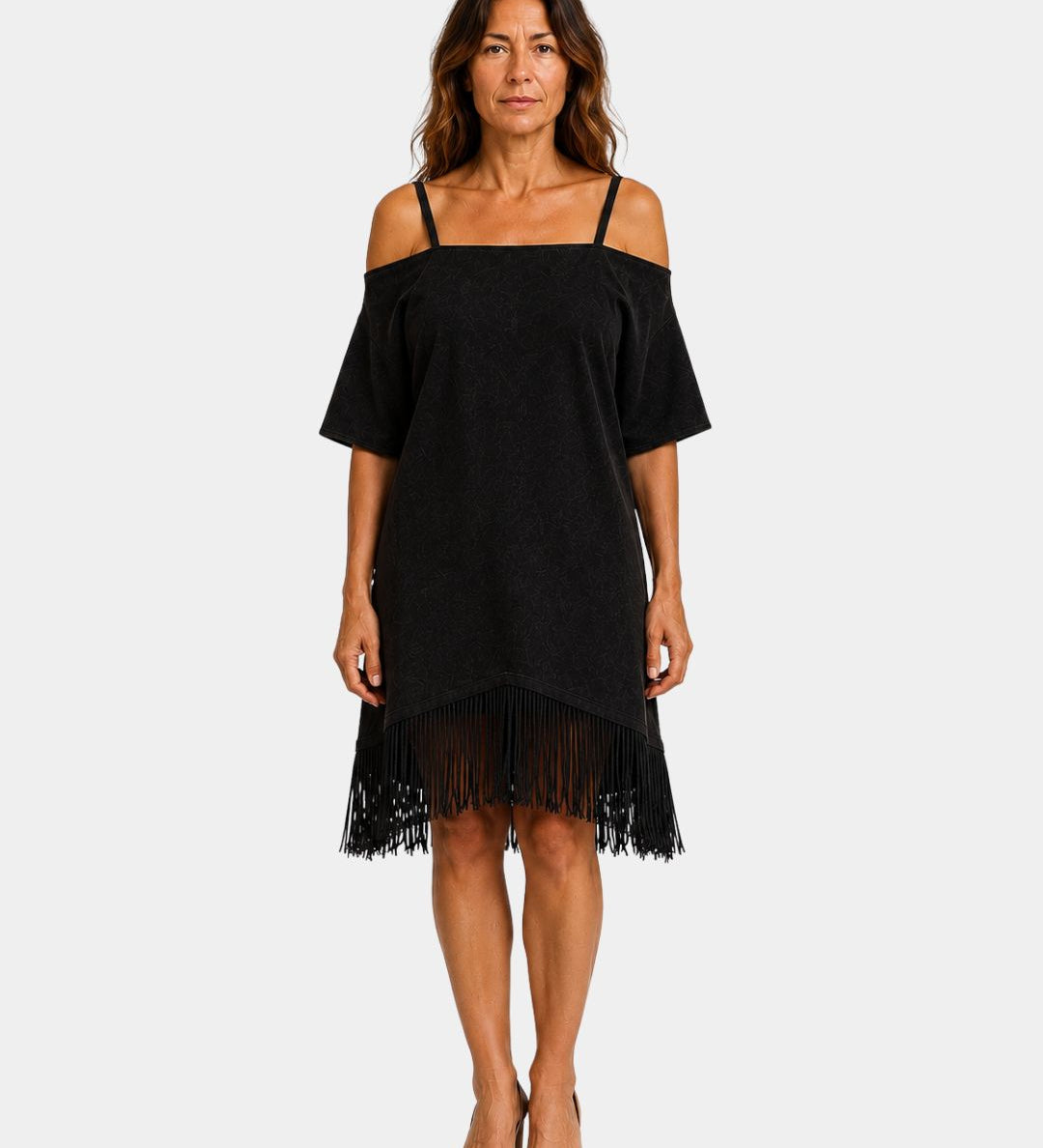 Black strappy off-shoulder dress with short sleeves and fringe hem