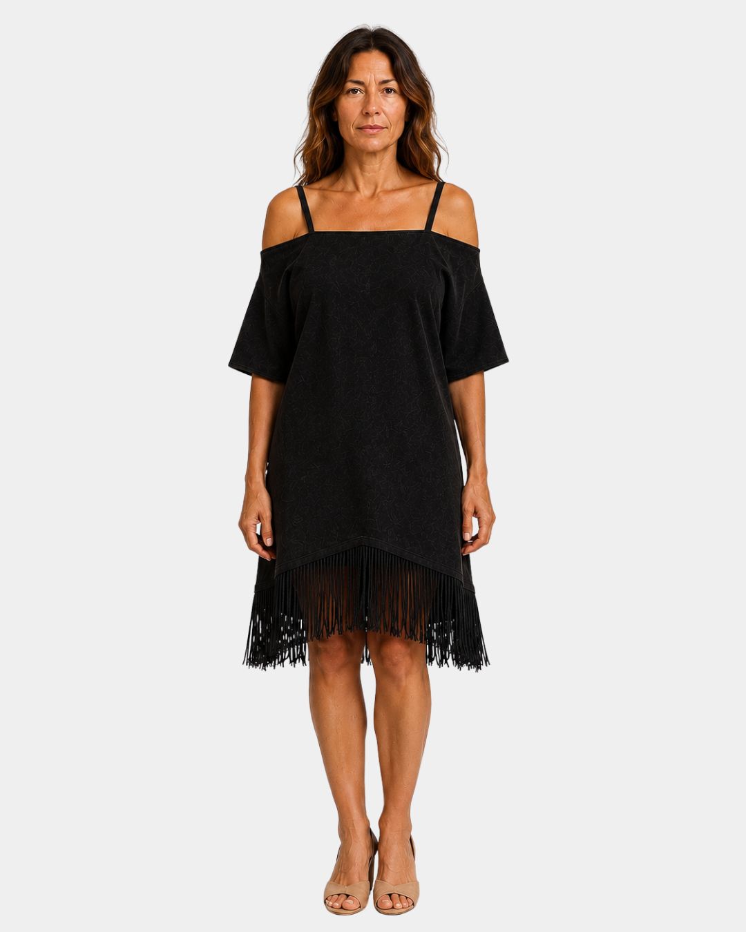 Black strappy off-shoulder dress with short sleeves and fringe hem