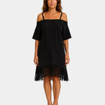 Black strappy off-shoulder dress with short sleeves and fringe hem