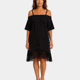 Black strappy off-shoulder dress with short sleeves and fringe hem