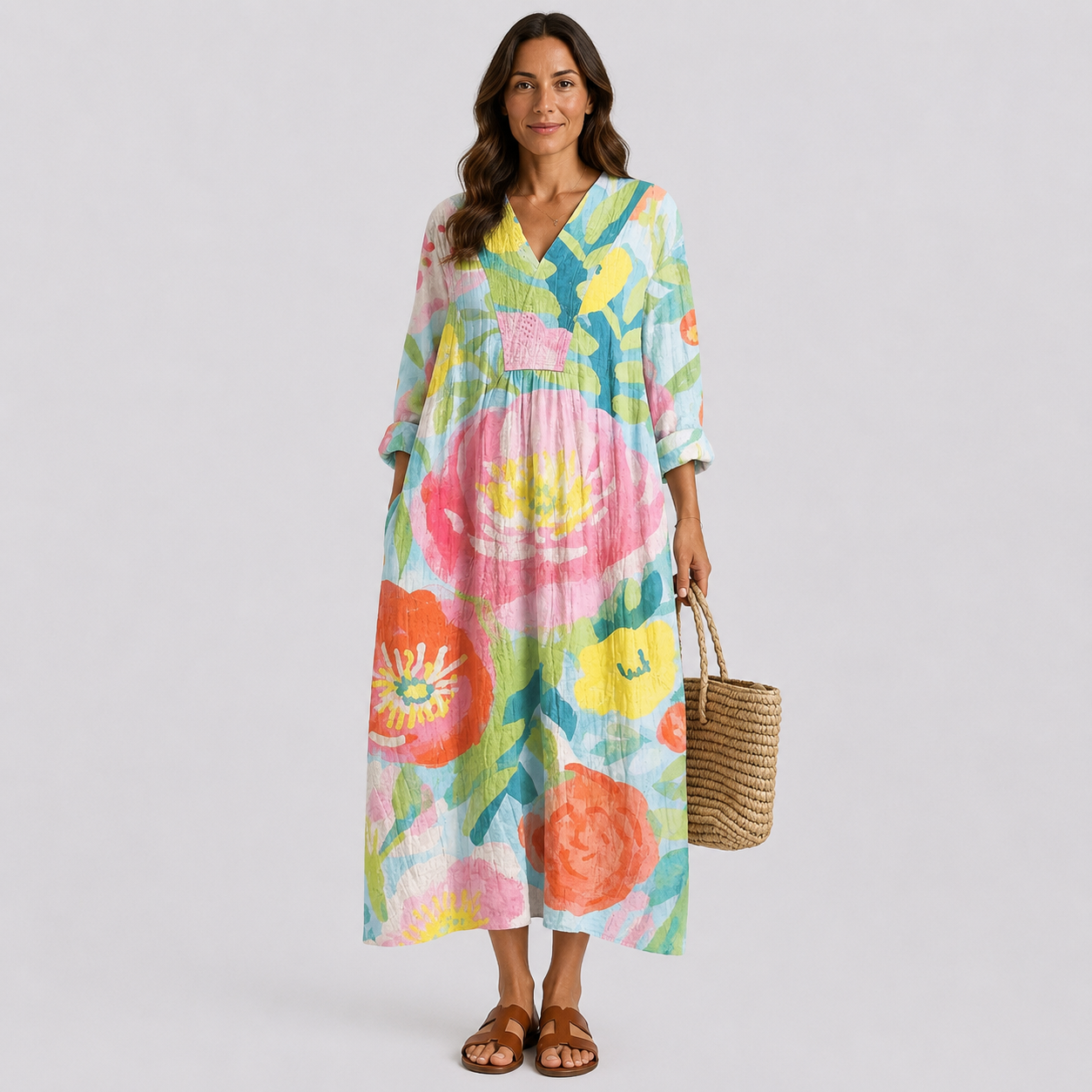 Women's V-neck summer dress with colorful floral abstract pattern, 3/4 sleeves, tiered skirt