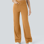 Camel brown elastic waist wide-leg pants with front buttons and two front patch pockets