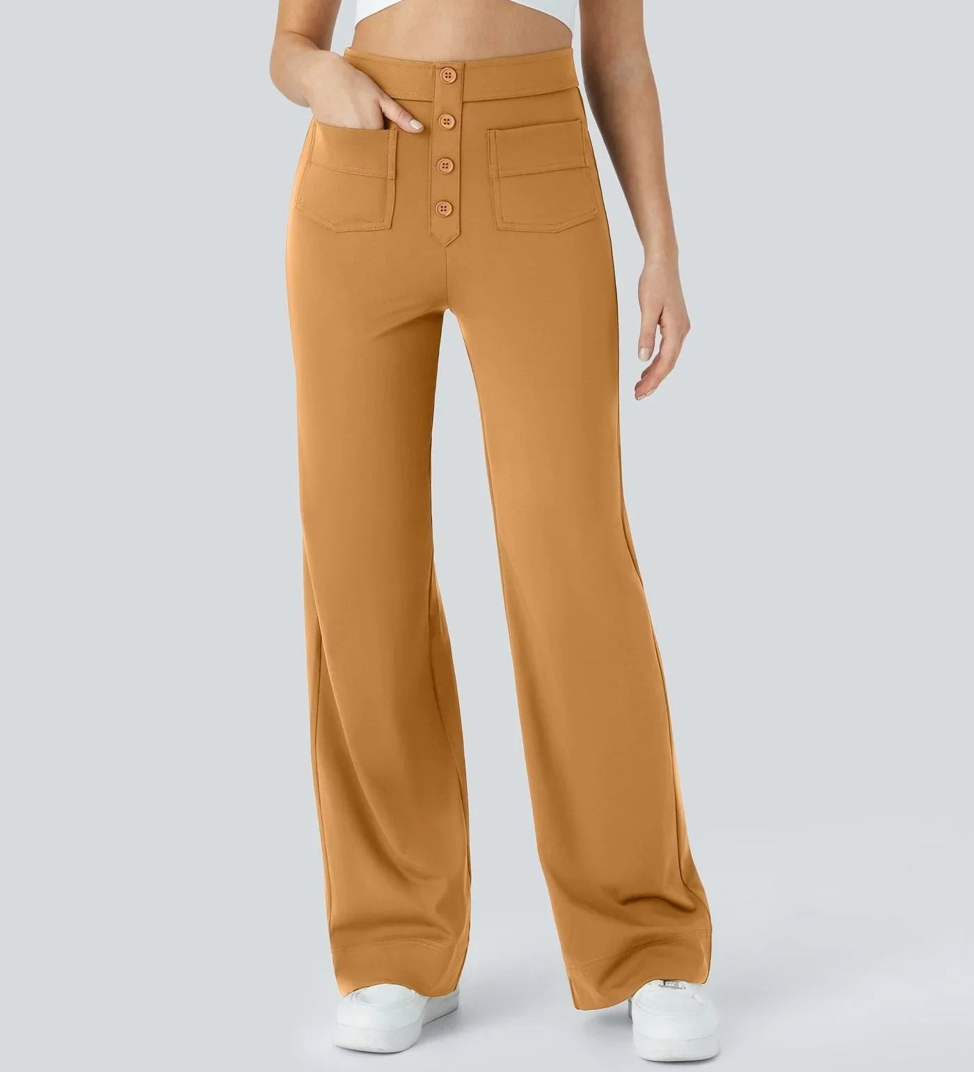 Camel brown elastic waist wide-leg pants with front buttons and two front patch pockets