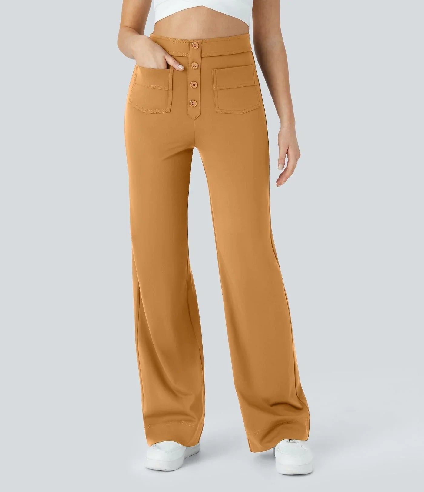 Camel brown elastic waist wide-leg pants with front buttons and two front patch pockets