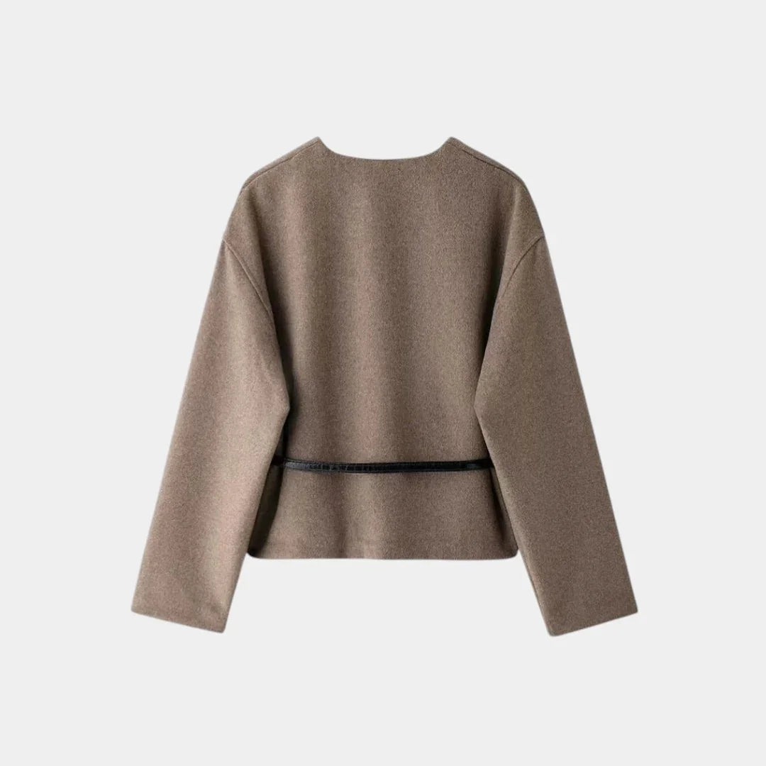 Taupe-brown light duster jacket back view with waist belt and long sleeves