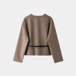 Taupe-brown light duster jacket back view with waist belt and long sleeves