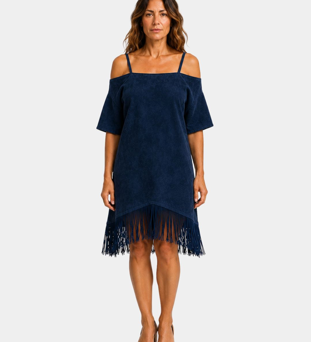 Navy blue strappy off-shoulder dress with short sleeves and fringe hem