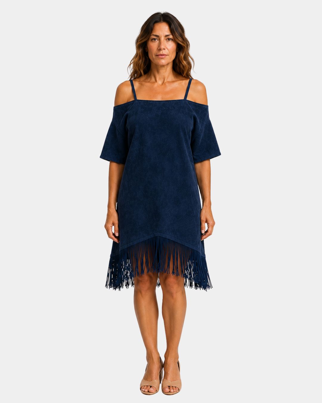 Navy blue strappy off-shoulder dress with short sleeves and fringe hem