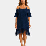 Navy blue strappy off-shoulder dress with short sleeves and fringe hem