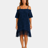 Navy blue strappy off-shoulder dress with short sleeves and fringe hem