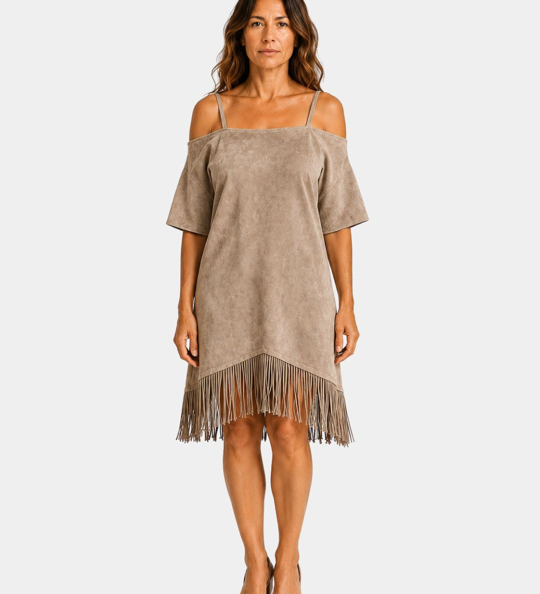 Khaki strappy off-shoulder dress with short sleeves and fringe hem