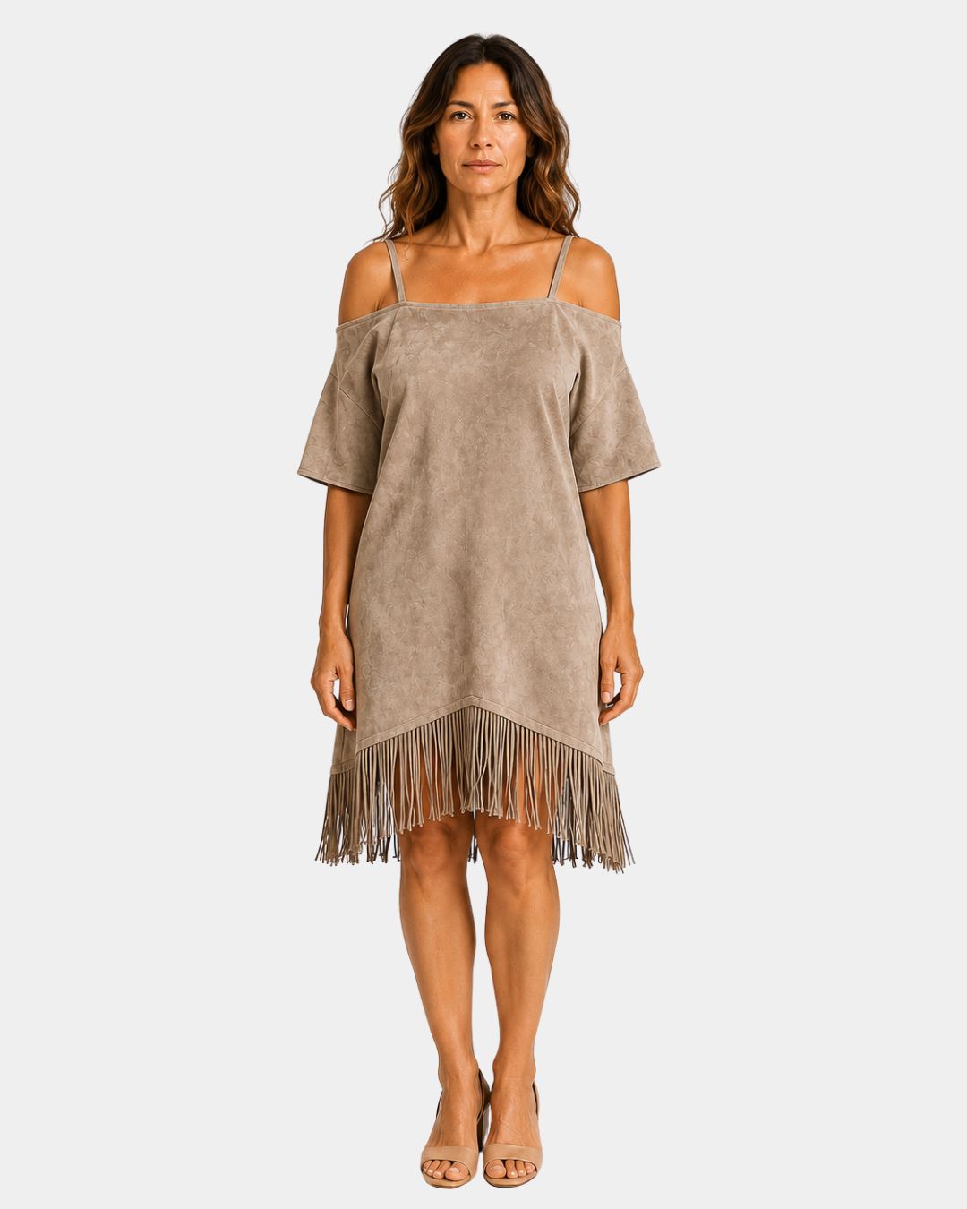 Khaki strappy off-shoulder dress with short sleeves and fringe hem