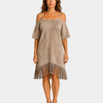 Khaki strappy off-shoulder dress with short sleeves and fringe hem