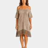 Khaki strappy off-shoulder dress with short sleeves and fringe hem