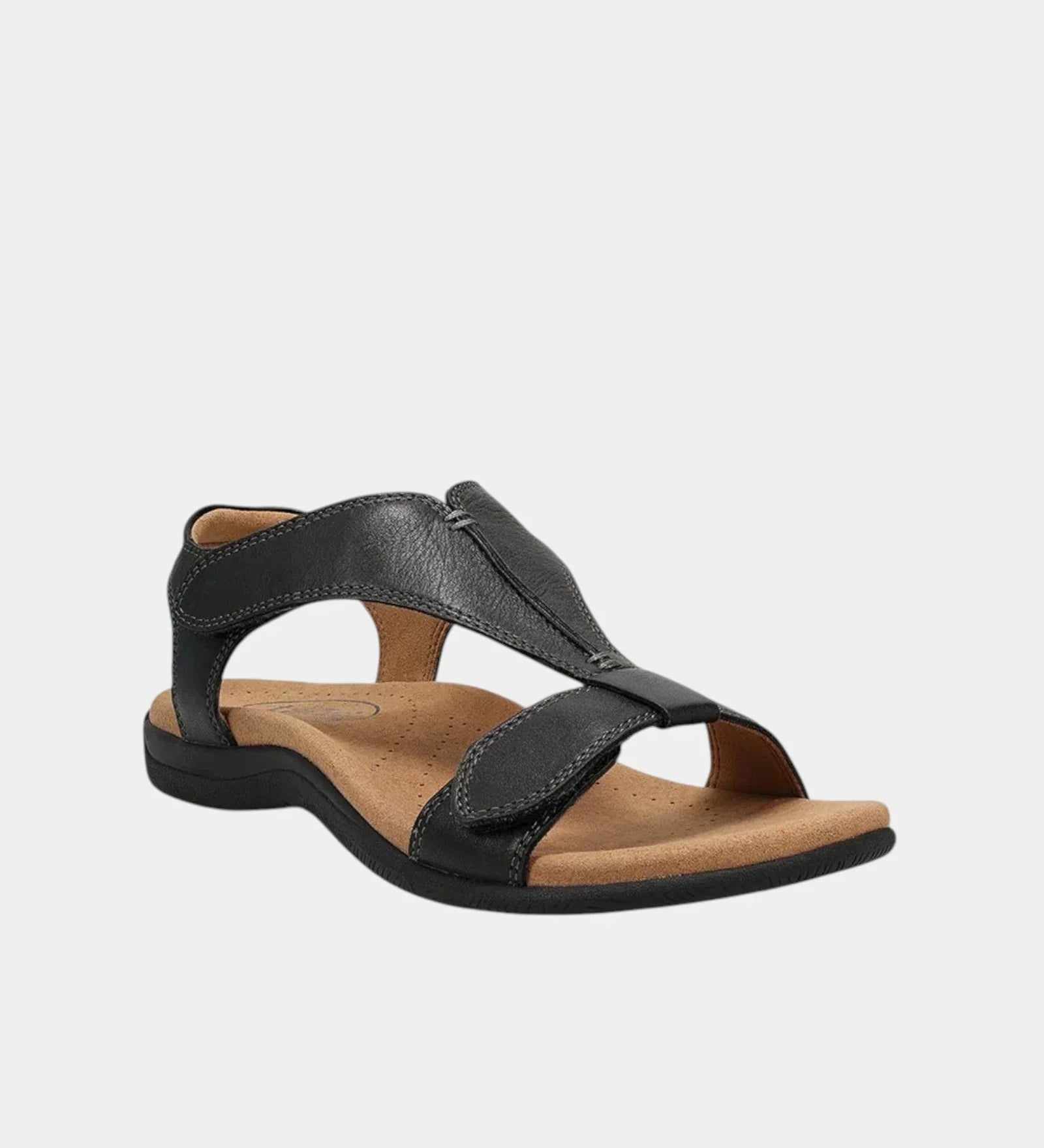 Black orthopedic sandal with two adjustable straps and cushioned sole