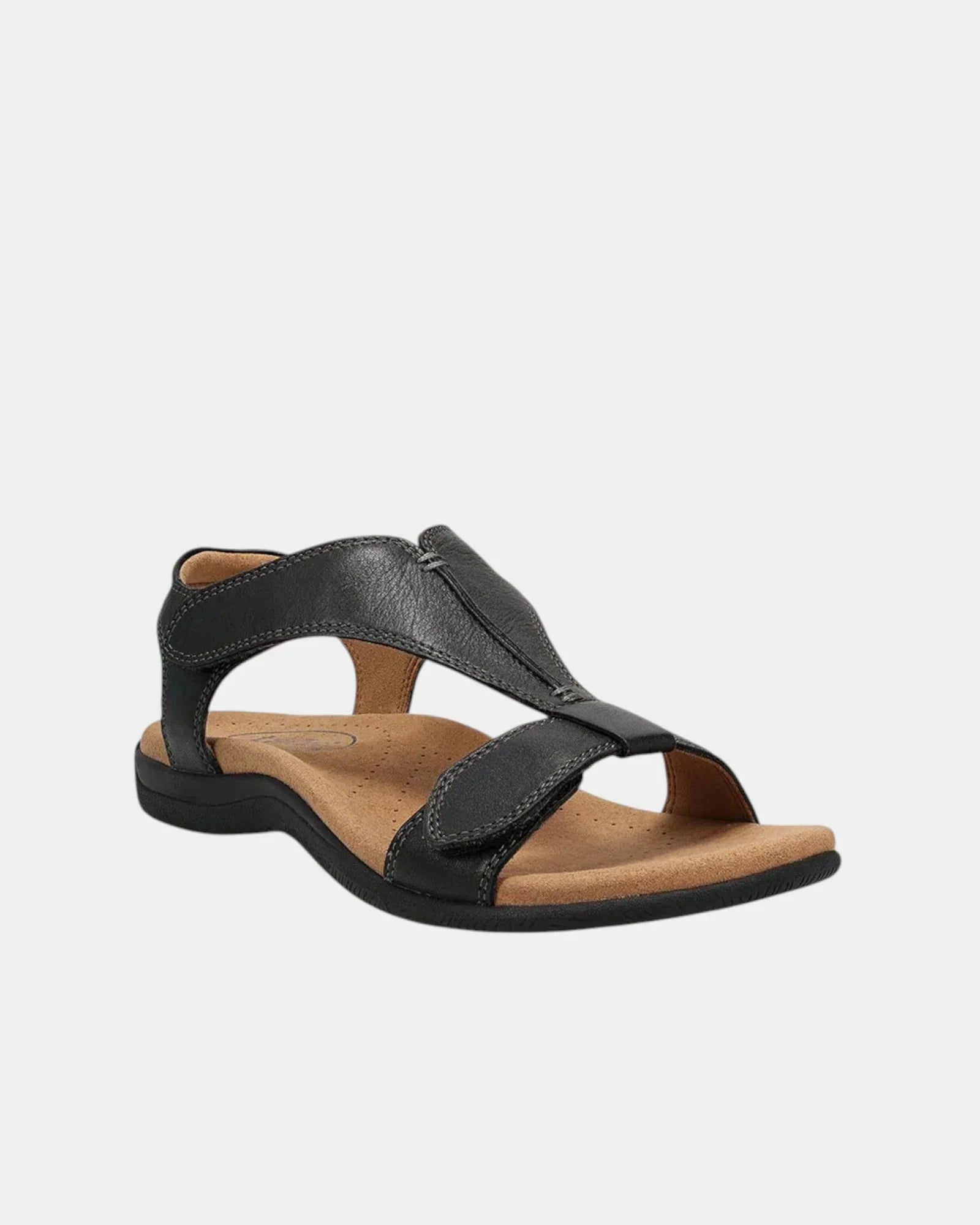 Black orthopedic sandal with two adjustable straps and cushioned sole