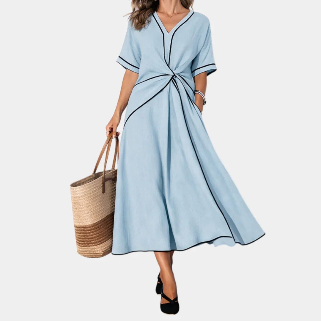 Blue V-neck spring dress with short sleeves, waist knot, and A-line midi skirt