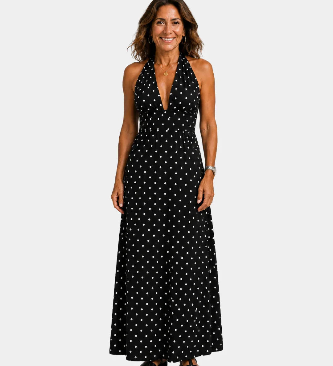 Black polka-dot maxi dress with sleeveless V-neck