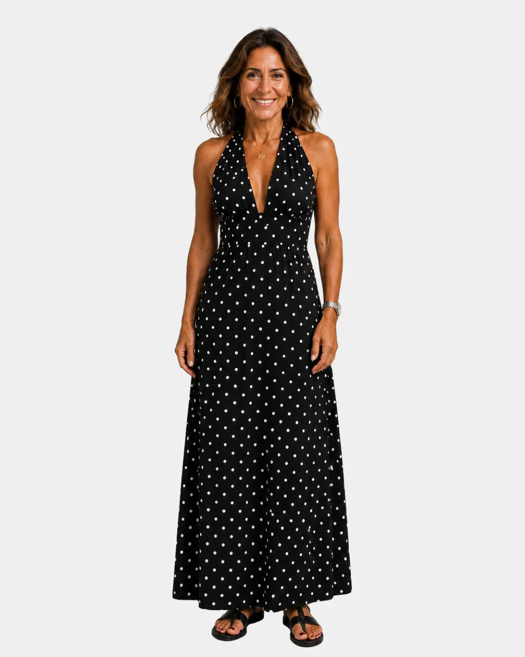 Black polka-dot maxi dress with sleeveless V-neck