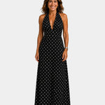 Black polka-dot maxi dress with sleeveless V-neck