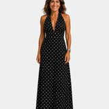 Black polka-dot maxi dress with sleeveless V-neck