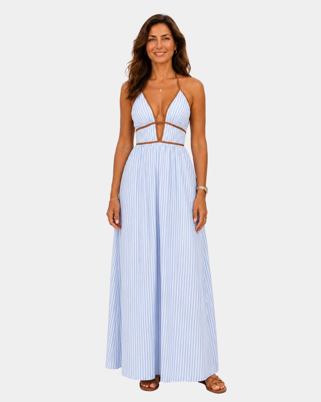 Light blue and white striped long summer dress with halter neckline