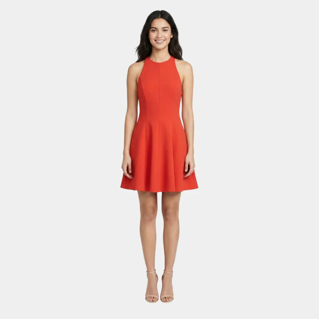 Red sleeveless A-line mini dress with round neckline