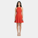Red sleeveless A-line mini dress with round neckline