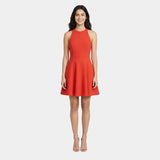 Red sleeveless A-line mini dress with round neckline