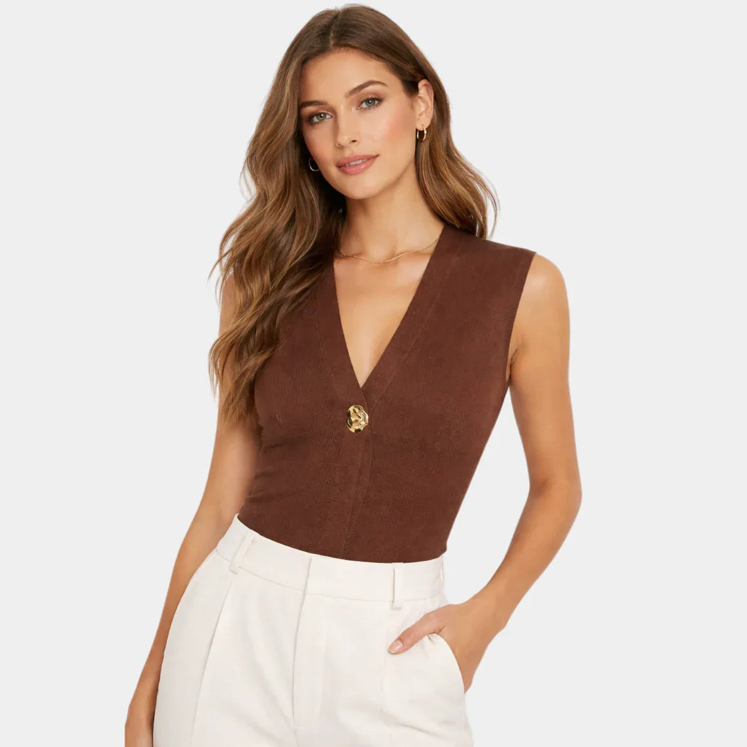 Brown V-neck knit vest with gold button detail, sleeveless