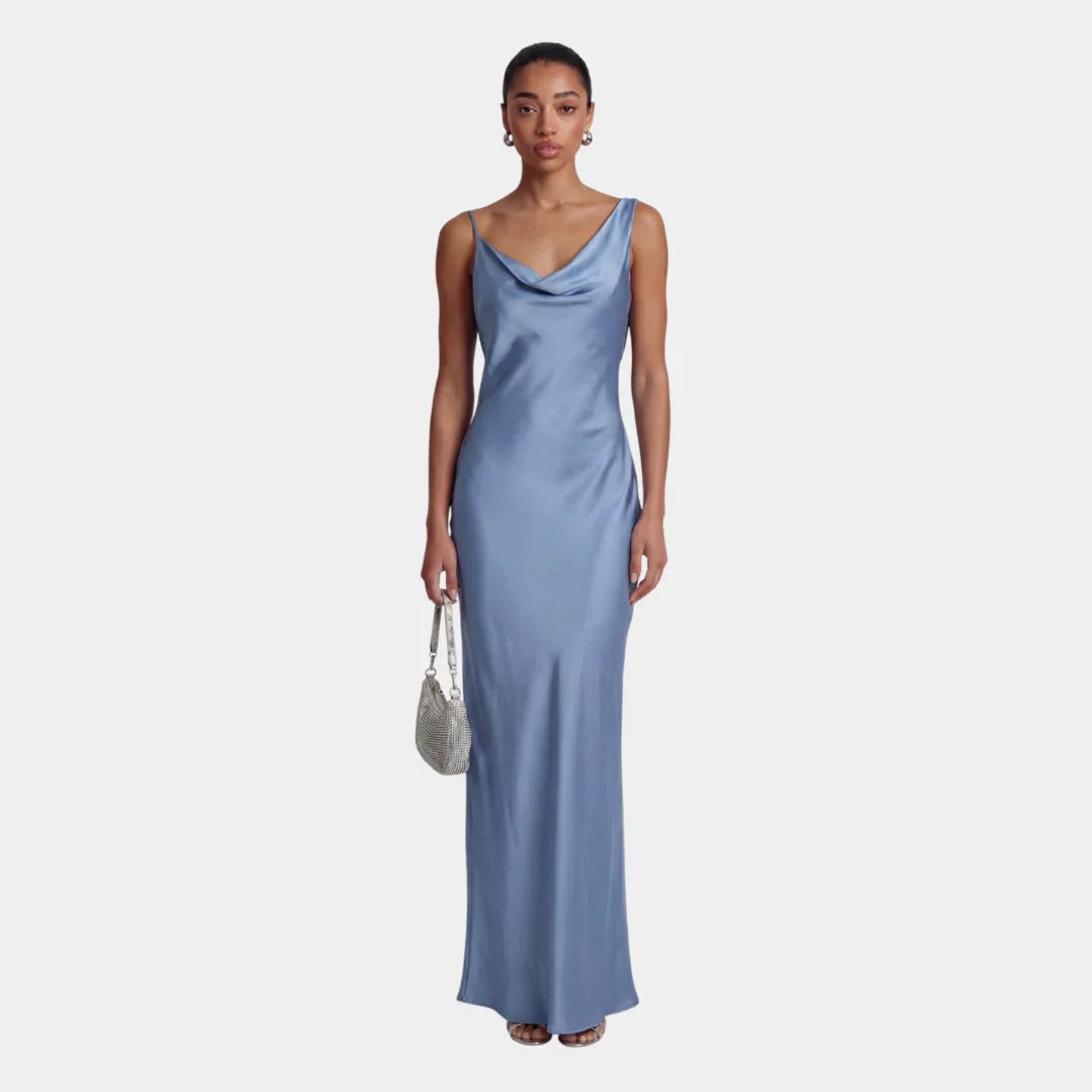 Women's blue satin maxi dress with cowl neckline, sleeveless front