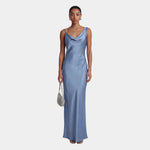 Women's blue satin maxi dress with cowl neckline, sleeveless front