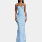 Long light blue floral lace gown with spaghetti straps and sweetheart neckline