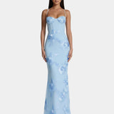 Long light blue floral lace gown with spaghetti straps and sweetheart neckline
