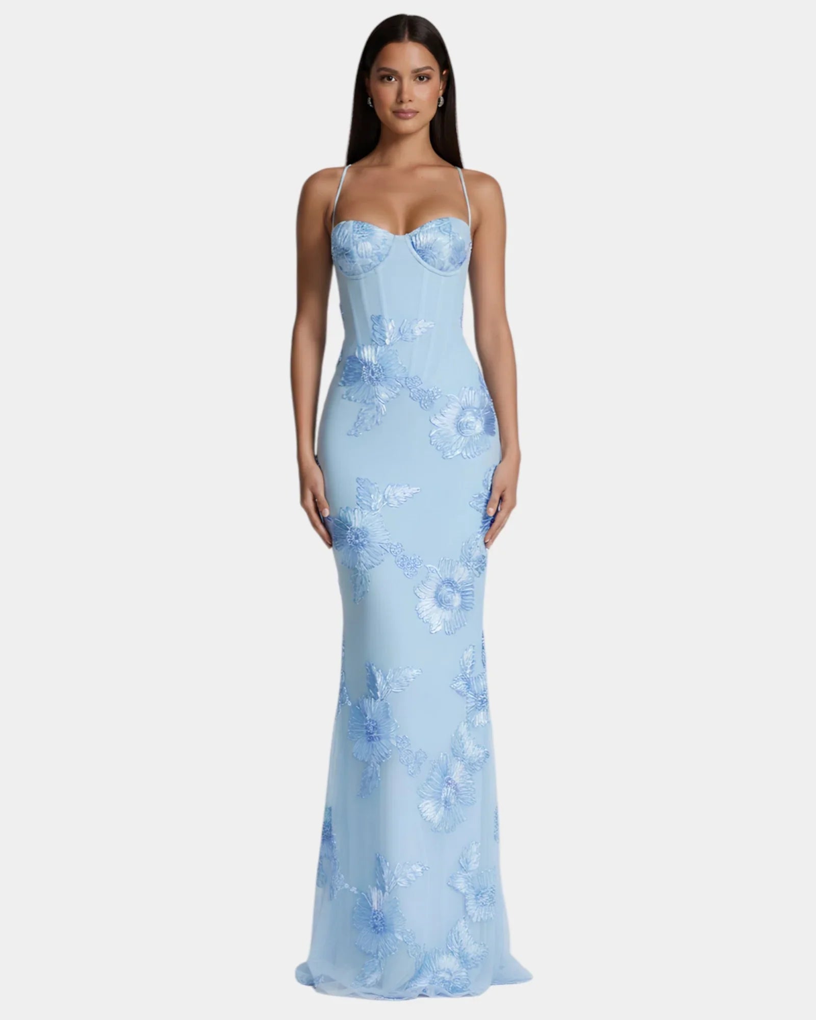 Long light blue floral lace gown with spaghetti straps and sweetheart neckline