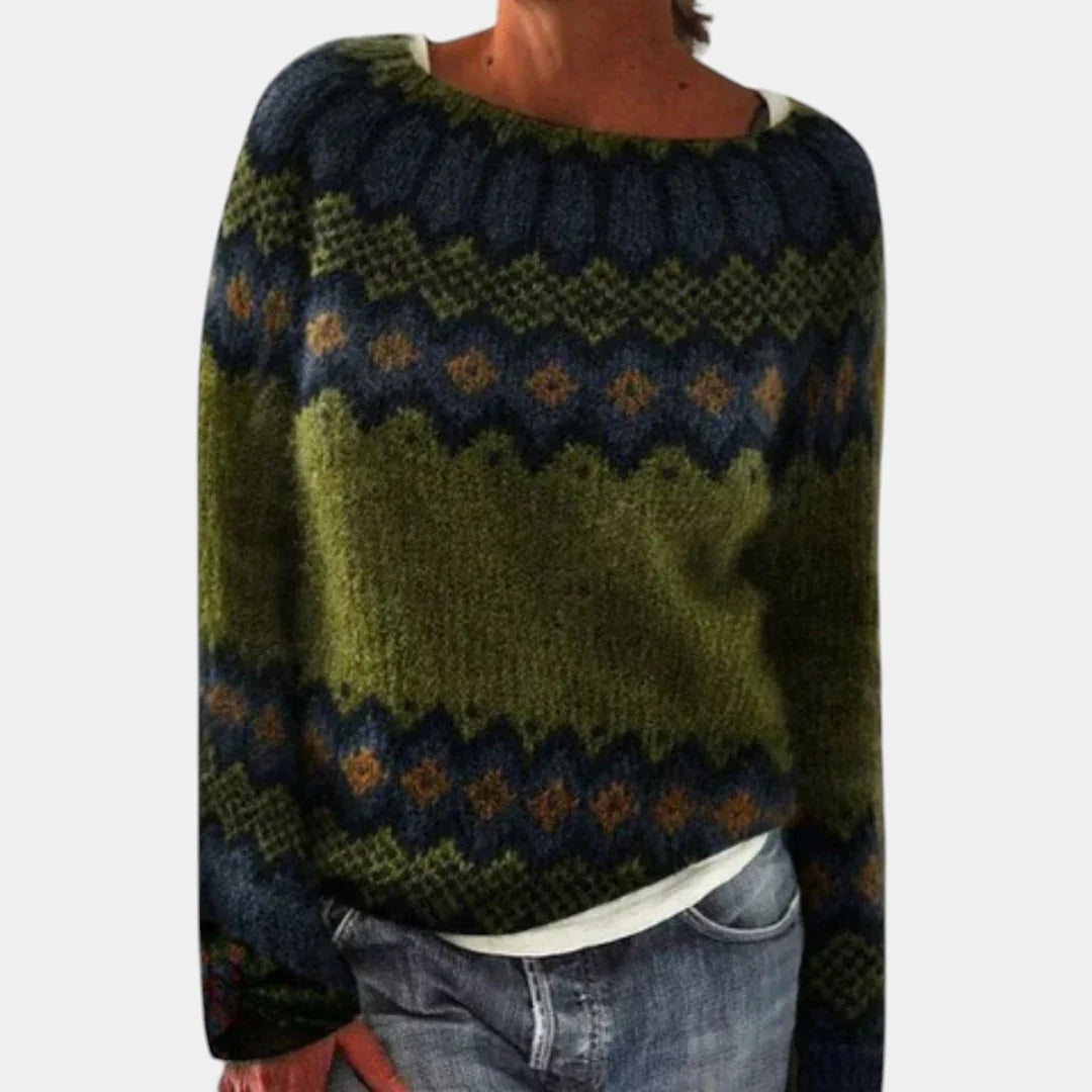 Multicolor knit sweater with fair isle pattern, crew neck, ribbed hem and cuffs