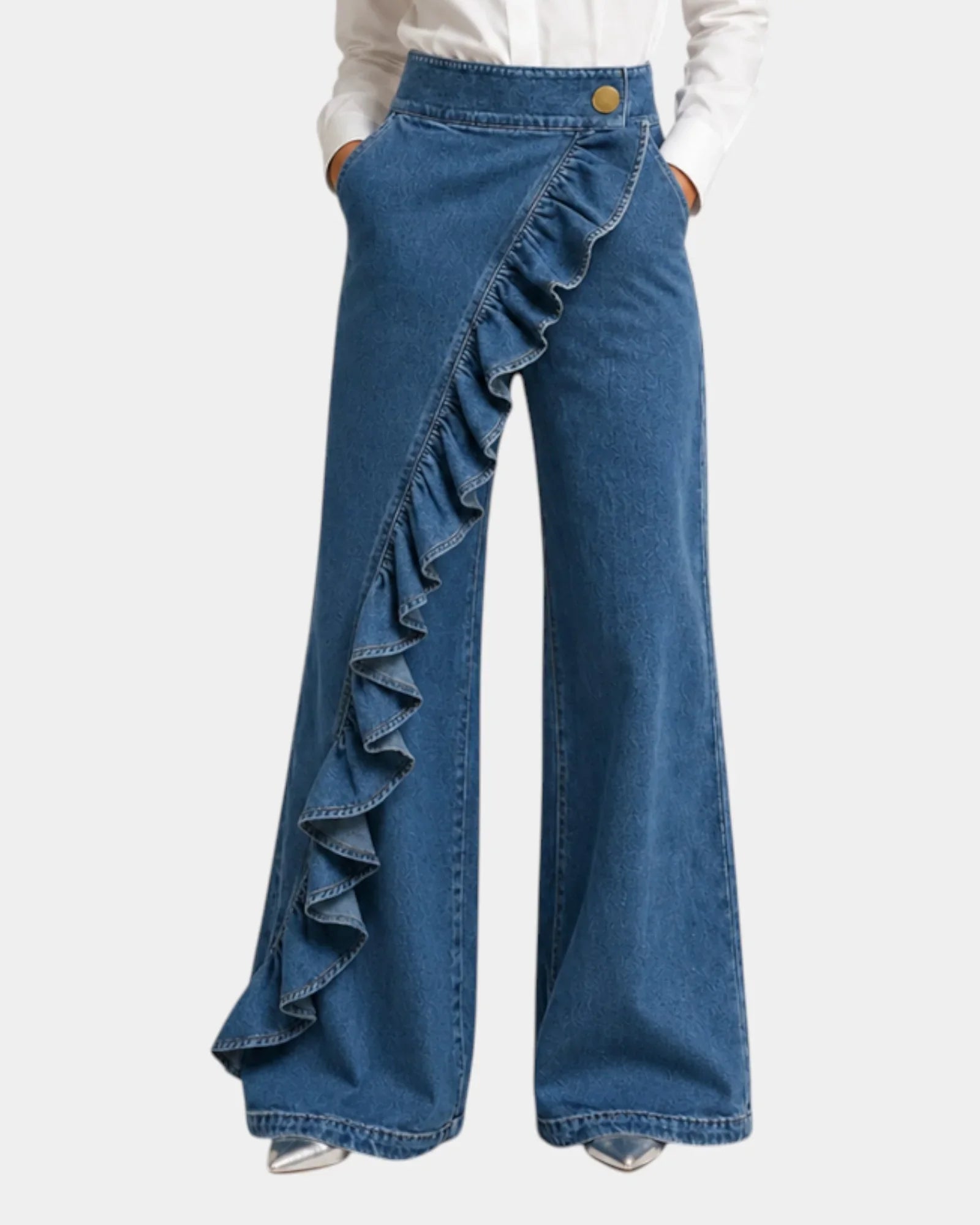 Blue ruffle-front wide-leg denim pants with gold button and scalloped trim
