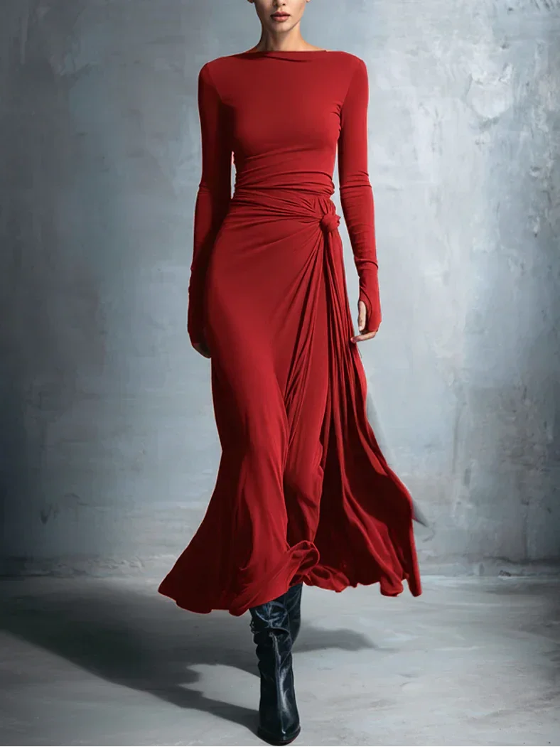 Burgundy long-sleeve draped maxi dress with ruched waist and side-tied skirt