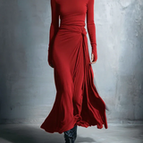 Burgundy long-sleeve draped maxi dress with ruched waist and side-tied skirt