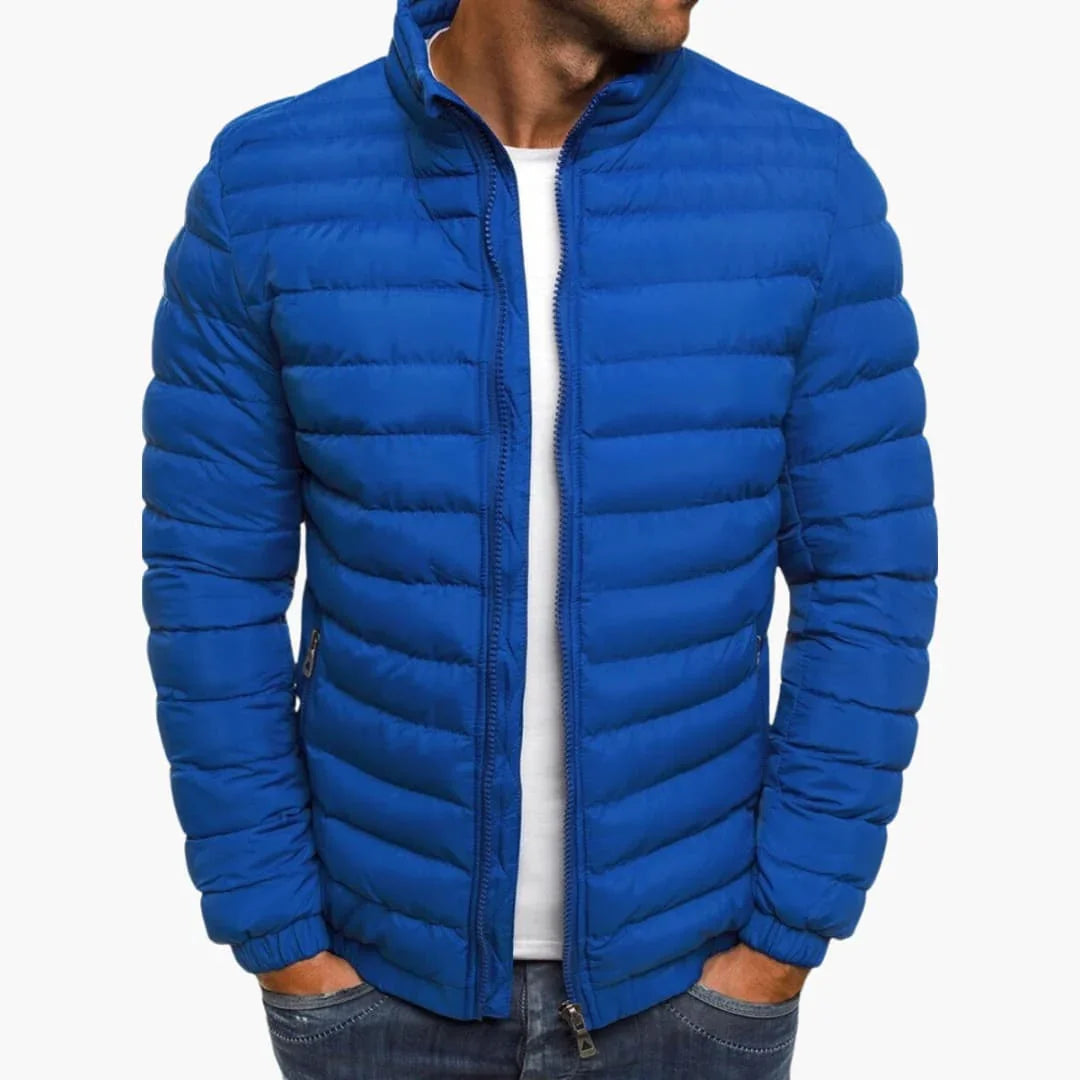 Blue puffer down jacket with full zip front and stand collar.
