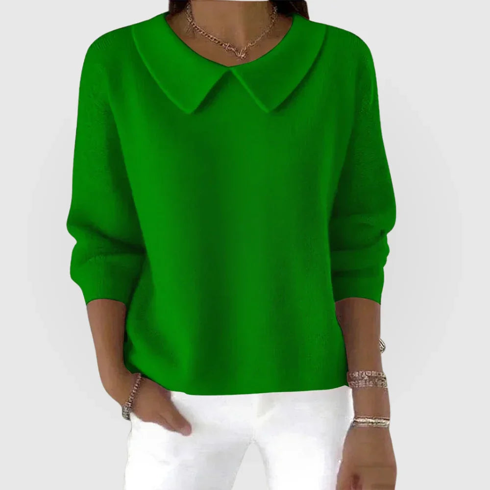 Green classic sweater with collared V neckline, 3/4 sleeves