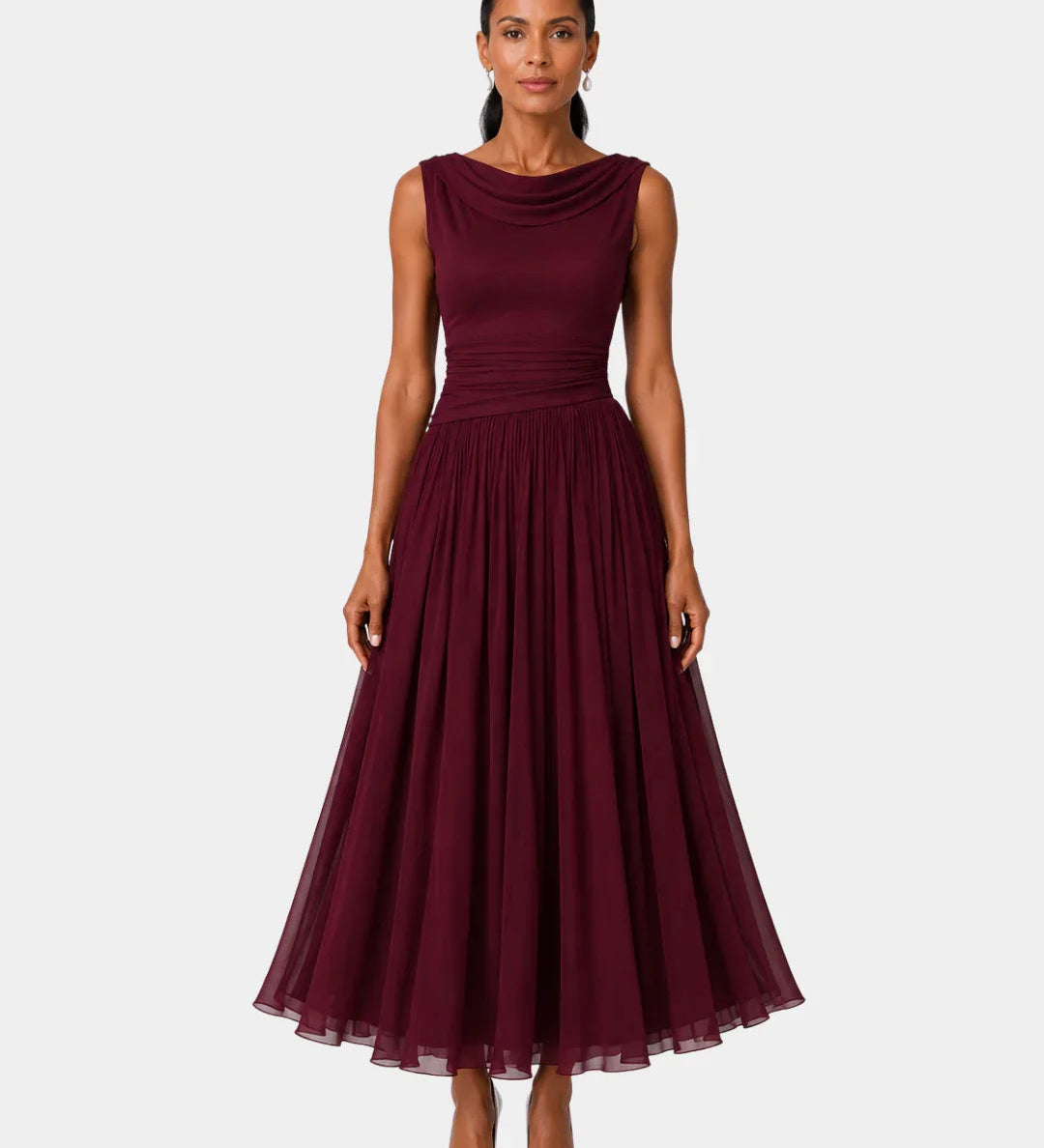 Odelinde sleeveless cowl-neck midi dress, burgundy pleated skirt