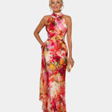 Floral halter maxi dress with sleeveless fitted bodice and long flowing skirt