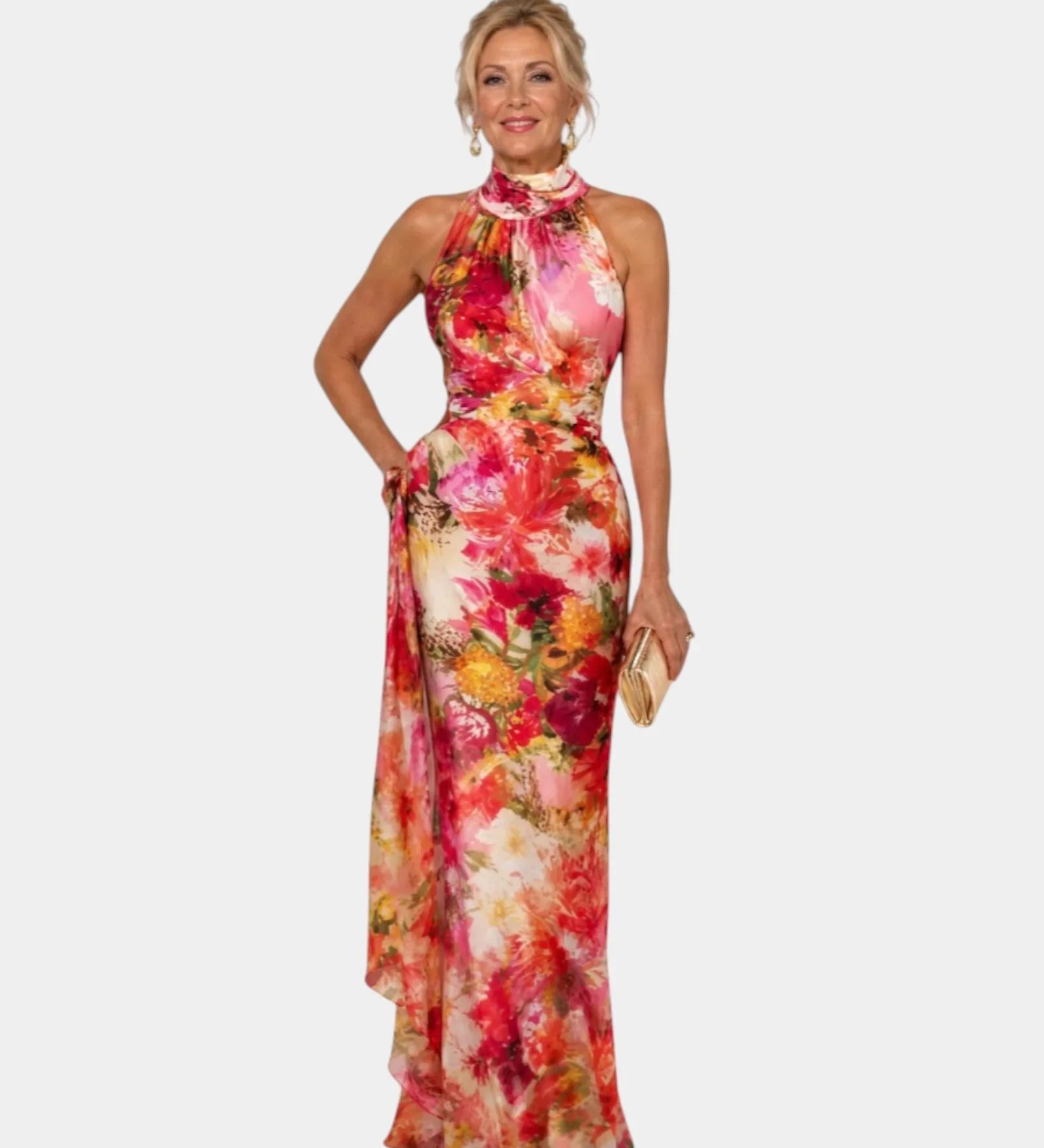 Floral halter maxi dress with sleeveless fitted bodice and long flowing skirt