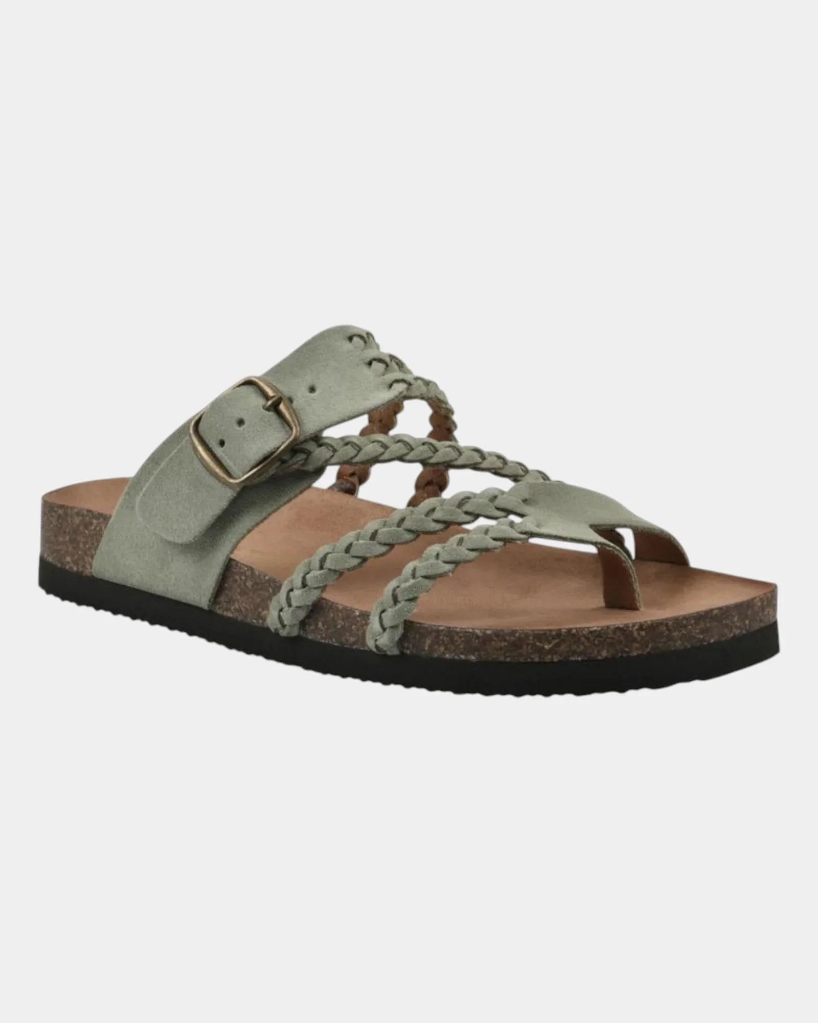Orthopedic sandals in light green with braided crisscross straps and adjustable buckle