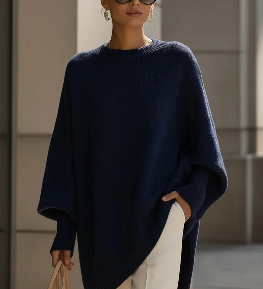 Oversized crewneck knit sweater, navy blue, loose batwing sleeves and rib hem