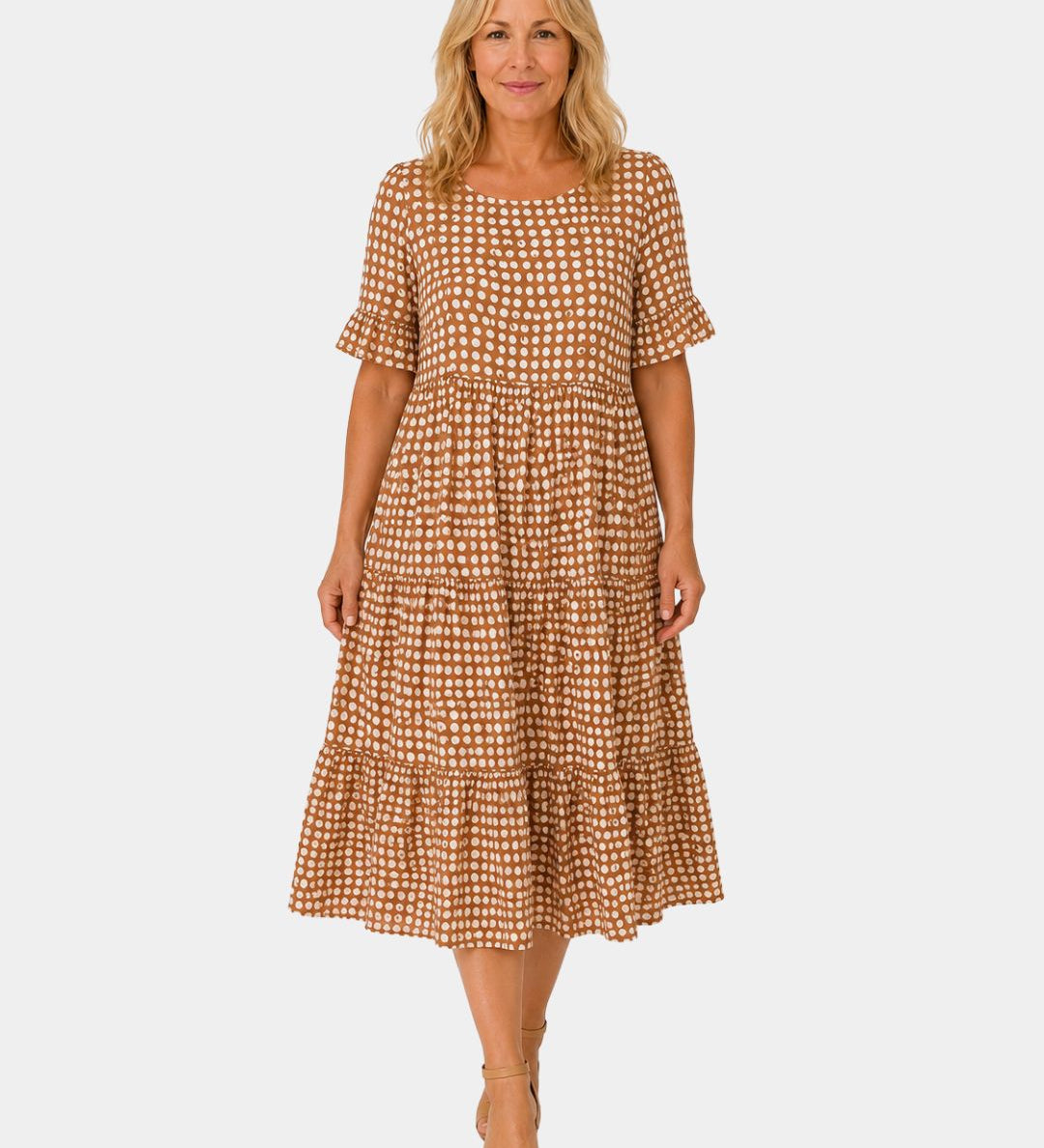 Brown polka dot lightweight dress with short sleeves and gathered scoop neck