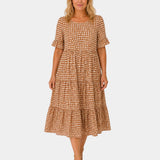 Brown polka dot lightweight dress with short sleeves and gathered scoop neck