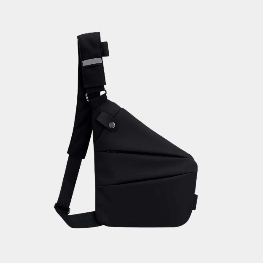 Black anti-theft crossbody bag with adjustable shoulder strap and front pocket
